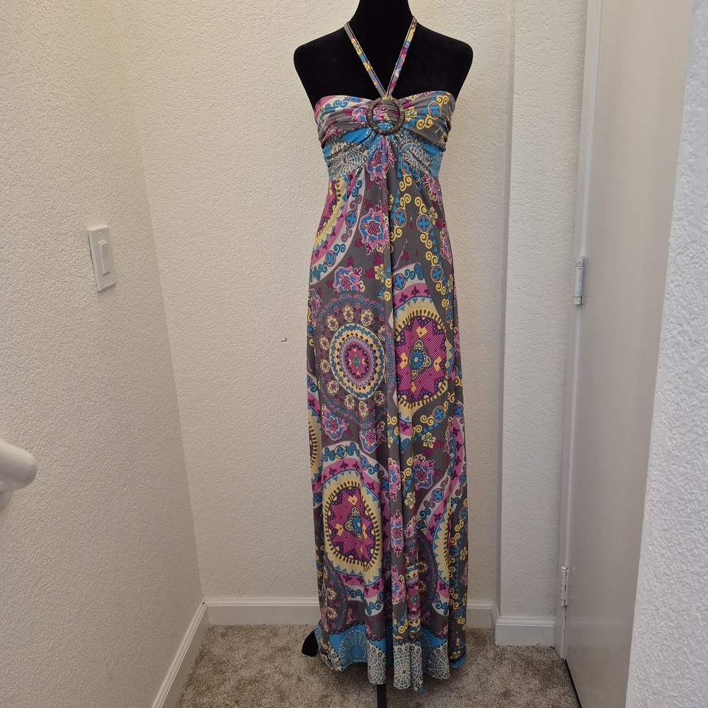 Vibrant Multicolor Halter Stretch Maxi Dress